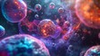 A microscopic world where fundamental particles resemble miniature planets orbiting a central nucleus, visualized with a vibrant color scheme.3D rendering