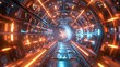 A particle accelerator tunnel with a powerful beam of energy streaking through the center, surrounded by advanced monitoring equipment.3D rendering