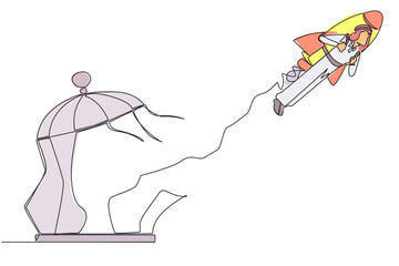 Poster - single one line drawing arabian businessman flying with a rocket and breaks the cage. free from trap