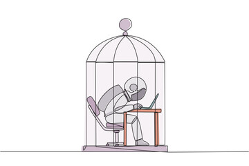 Poster - Single continuous line drawing astronaut trapped in the cage working on laptop computer. Plan to take annual leave to get away from routine. Workaholic. Overtime. One line design vector illustration