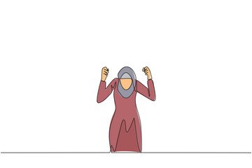 Poster - Single one line drawing Arabian businesswoman kneeling like praying. Lost hope. Businesses will bankrupt if fail to get bona fide clients. Gesture of surrender. Continuous line graphic illustration