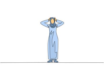 Poster - Continuous one line drawing Arab businesswoman standing straight holding head with both hands. Gestures excited or surprised. Unusual facial expressions. Startled. Single line draw vector illustration