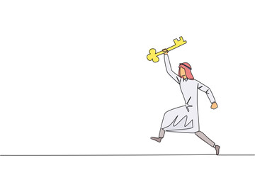 Poster - Single continuous line drawing Arabian businessman running holding key. Doing celebrate. Perform movements like a relay athlete. The secret key to business revival. One line design vector illustration