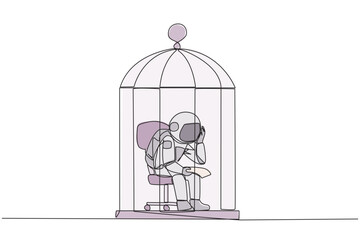 Poster - Continuous one line drawing astronaut trapped in the cage sitting pensively holding paper. Failed business. Read the bankruptcy statement. Frustration. Sad. Single line draw design vector illustration