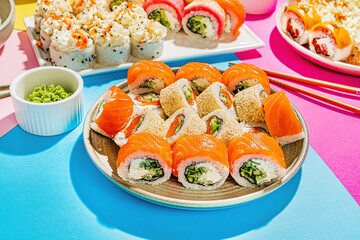 Canvas Print - sushi set on the color background