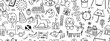Seamless pattern with daycare doodle elements. Rocket, hopscotch, toys, horse, house, sun and other elements.