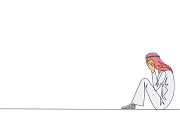 Fototapete - Continuous one line drawing Arabian businessman sitting while covering face. Sad businessman bemoans the fate of business. Failure to develop business unit. Single line draw design vector illustration