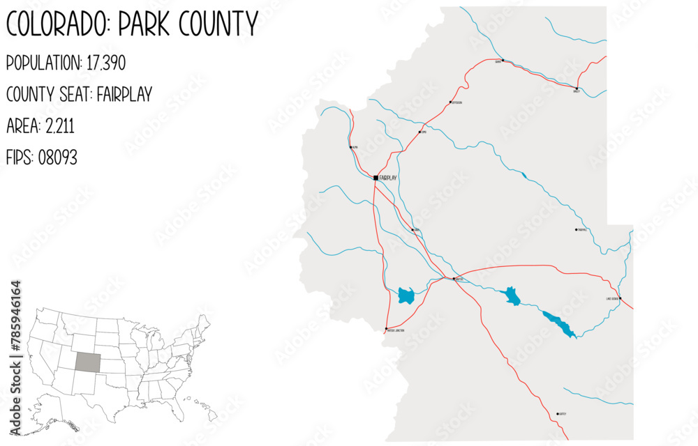 Large and detailed map of Park County in Colorado, USA. Stock Vector
