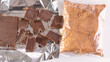 Cocoa and chocolos on white background, concept of price increase for raw materials of chocolate production.