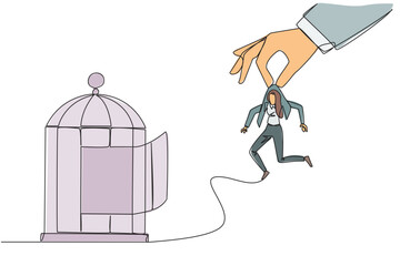 Wall Mural - Single continuous line drawing big hands holding businesswoman and want put in a cage. Trapping roughly. Beating a business opponent by cheating. Unfair business. One line design vector illustration