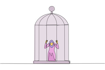 Poster - Single continuous line drawing Arab businesswoman trapped in cage kneeling holding iron bars. Framed by business partner. Have to bear all the consequences. Unfair. One line design vector illustration