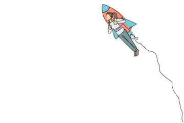 Poster - Single one line drawing young businesswoman flying with rocket. Desire to take the business to the skies. Successful entrepreneur. The great businesswoman. Continuous line design graphic illustration