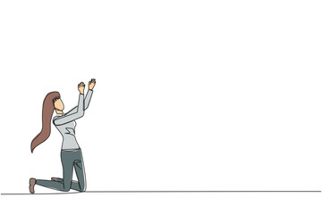 Poster - single one line drawing businesswoman kneeling raising hands to pray. praying to make it easier to d