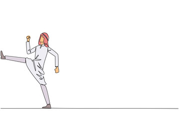 Poster - Continuous one line drawing Arabian businessman doing kicking motion. Stretch before office hours start. A healthy way to stay focused on doing business. Single line draw design vector illustration
