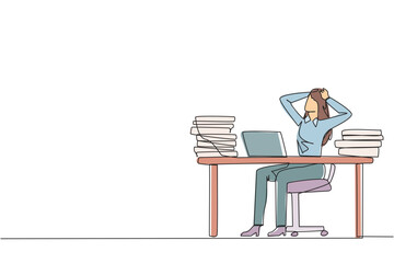 Poster - Single continuous line drawing businesswoman sitting on office chair. Curious to see stock price on a laptop screen that don't increase. Stressful businesswoman. One line design vector illustration