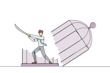 Poster - Single continuous line drawing businessman trapped in cage holds samurai. Expression of anger over the limitations that shackle. Seek freedom at any cost. Madness. One line design vector illustration