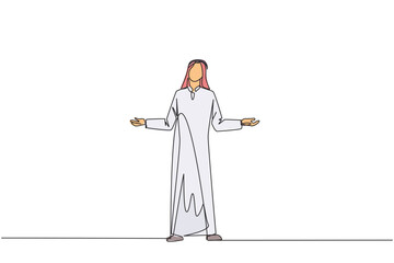 Poster - Single one line drawing Arab businessman standing straight with open arms. Lonely and sadness businessman lamenting undeveloped business. Unhappy manager. Continuous line design graphic illustration