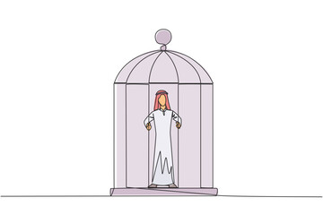 Poster - Continuous one line drawing Arab businessman trapped in cage standing hold the iron bars. Imprisoned body and mind. Limited opportunity. Feeling exhausted. Single line draw design vector illustration