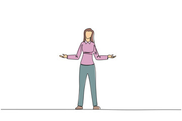 Poster - Single continuous line drawing businesswoman standing straight with open arms. Lonely and sadness businesswoman lamenting undeveloped business. Unhappy manager. One line design vector illustration