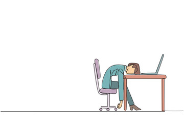 Poster - Continuous one line drawing businesswoman fell asleep in front of a laptop computer. Fatigue running a business. Mental health problem. Exhausted, bored. Single line draw design vector illustration