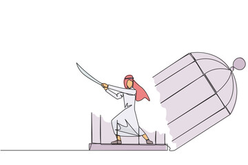 Poster - Single continuous line drawing Arab businessman trapped in cage holds samurai. Expression of anger over limitations that shackle. Seek freedom at any cost. Madness. One line design vector illustration