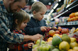 Caucasian mid-adult parents grocery shopping for fruit with male toddler