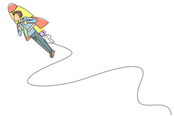 Poster - single one line drawing young businessman flying with rocket. desire to take the business to the ski