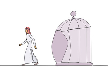 Poster - Single one line drawing Arab businessman trapped in cage and walking penetrate the cage. Metaphor seeking new challenges and experiences for better future. Continuous line design graphic illustration