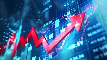 The stock market is growing, represented by an upward pointing red arrow on a blue background with numbers and graphs. numbers and graphs to depict stock market growth.