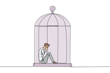 Poster - Continuous one line drawing businessman trapped in the cage sitting covering face. Feel utterly defeated. Trapped in a dirty business. Mentally tired. Lost. Single line draw design vector illustration