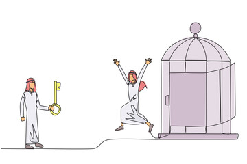 Poster - Single continuous line drawing Arab businessman who was free by colleague from the trap of a cage. Teamwork metaphor. Growing business together. Great relationship. One line design vector illustration