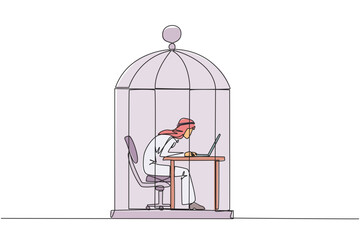 Poster - single one line drawing arabian businessman trapped in cage working on laptop. plan to take annual l