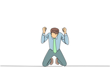 Poster - Continuous one line drawing businessman kneeling like praying. Lost hope. Businesses will bankrupt if fail to get bona fide clients. Gesture of surrender. Single line draw design vector illustration