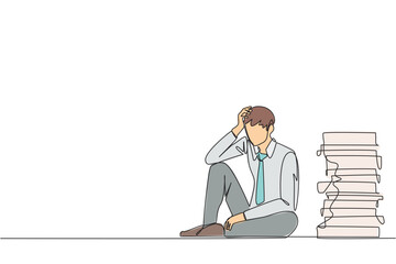 Poster - Single one line drawing businessman sitting near piles of work files. Too much work is stressful. Putting off work makes work neglected. Tired, unhappy. Continuous line design graphic illustration