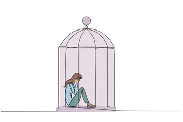 Poster - Continuous one line drawing businesswoman trapped in cage sitting covering face. Feel utterly defeated. Trapped in a dirty business. Mentally tired. Lost. Single line draw design vector illustration
