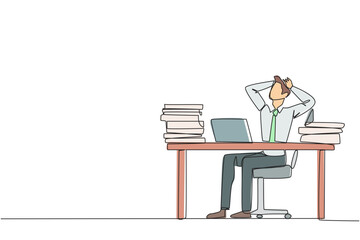 Wall Mural - Single continuous line drawing businessman sitting on office chair. Stressful to see stock price on a laptop screen that don't increase. Stressful businessman. One line design vector illustration
