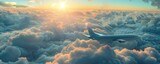 Fototapeta  - Airplane soaring above the clouds during sunset.