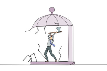 Poster - Continuous one line drawing businessman trapped in cage holding an axe and destroy the cage. Everything is done to be free. Rising anger. Disappointed. Single line draw design vector illustration