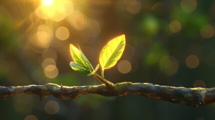  A single green leaf unfurling on a branch, with a golden light illuminating it and an upward pointing arrow, representing organic and sustainable business growth.