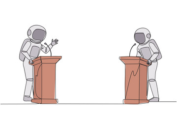 Poster - single continuous line drawing two astronauts arguing on the podium. throwing opinions on the best w