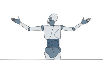 Poster - Continuous one line drawing rear view of robotic speaking at the podium while opening hands. Style like successful motivator. Invite to increase business. Single line draw design vector illustration