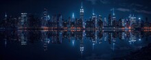 Panoraic Photography Of New York City. Free Space, Copy Space. New York City Manhattan Downtown Skyline At Dusk With Skyscrapers Illuminated Over Hudson River