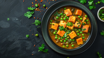 Top view of green peas and cheese cube curry or matar paneer curry recipe served in a bowl, a delicious and flavorful main course