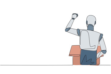 Poster - Single continuous line drawing rear view of smart robotic speaking at the podium. Raising and clenching hands, enthusiastically gave financial gain oration. Orator. One line design vector illustration