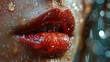Very Close Up View of Beautiful Woman Wet Lips With Red Glossy Lipstick Selective Focus
