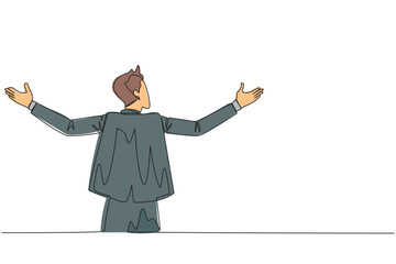 Poster - Single one line drawing rear view of businessman speaking at the podium while opening hands. Style like successful motivator. Invite to increase business. Continuous line design graphic illustration