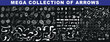 Arrows Mega Collection, diverse vector icons for navigation, interface, infographic on dark background, symbolizing direction, movement, guidance, growth, recession, integration, variation
