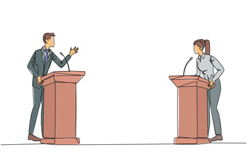 Poster - Continuous one line drawing businessman and businesswoman arguing on the podium. Throwing arguments at each other, not wanting to give in. Feel most right. Single line draw design vector illustration