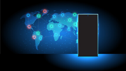 Poster - Futuristic Mobile Phone and smartphone Vector Illustration with Holographic World Map. Concept of network integration, cloud computing, globalization, and social networking. Vector