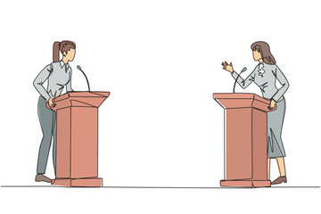 Poster - Single continuous line drawing two businesswomen arguing on the podium. Throwing opinions on the best way to deal with global warming. Open dialogue. Debating. One line design vector illustration